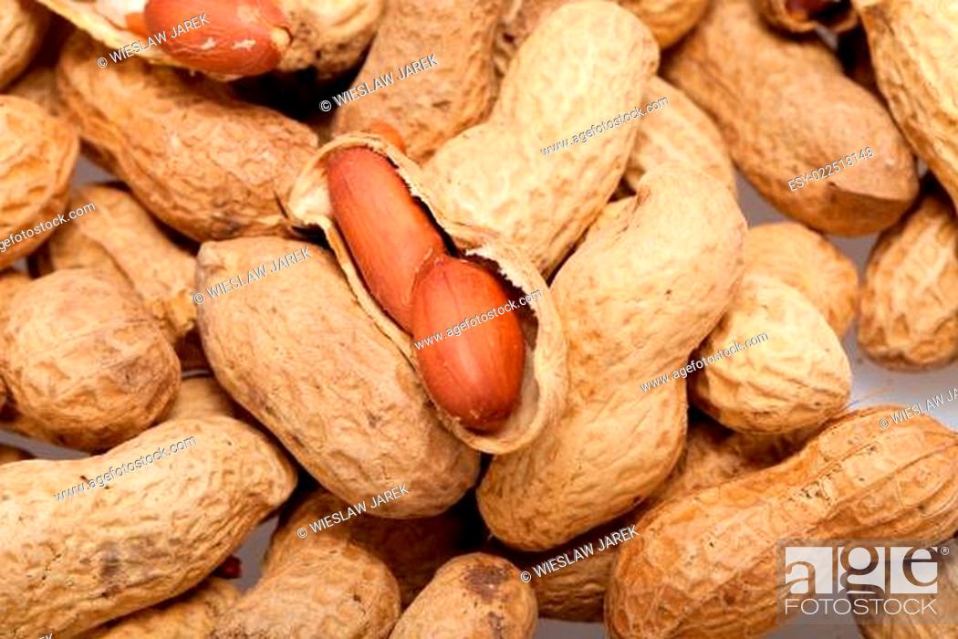 Stock Photo: Dried peanuts in closeup on the white background.