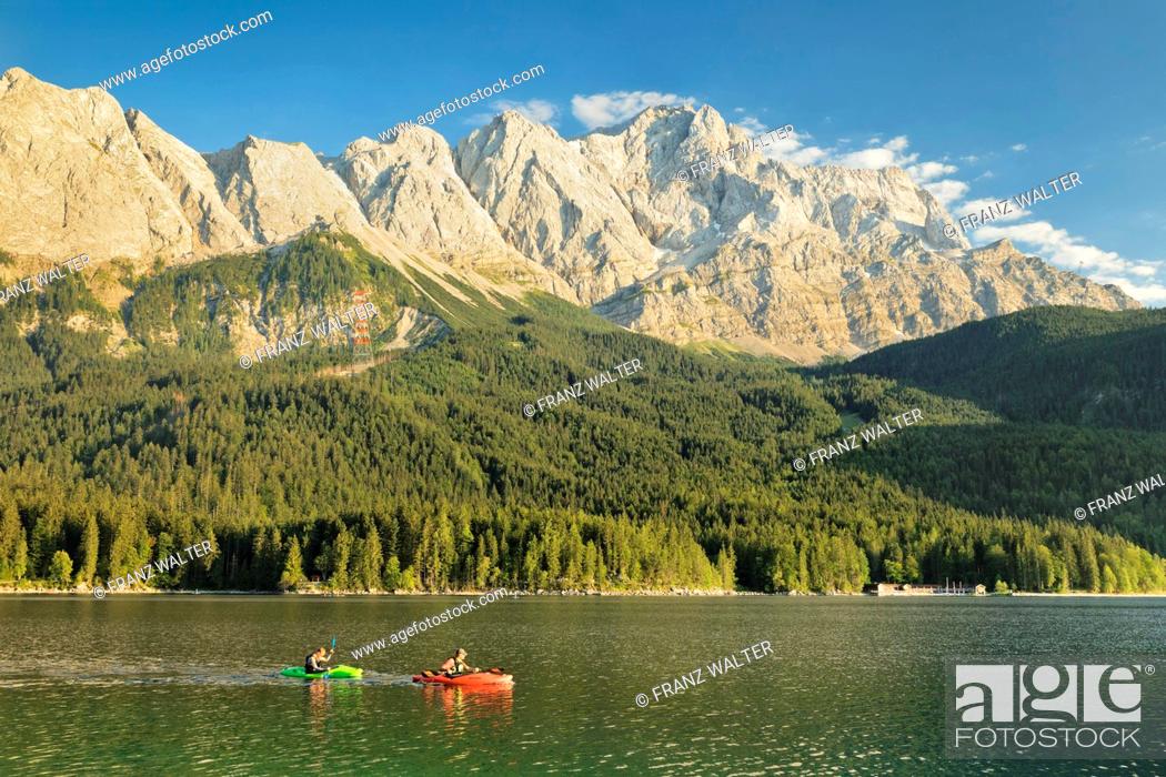 Stock Photo: Lake Eibsee in front of Zugspitze at evening light, near Grainau, Werdenfelser Land, Bavaria, Germany.