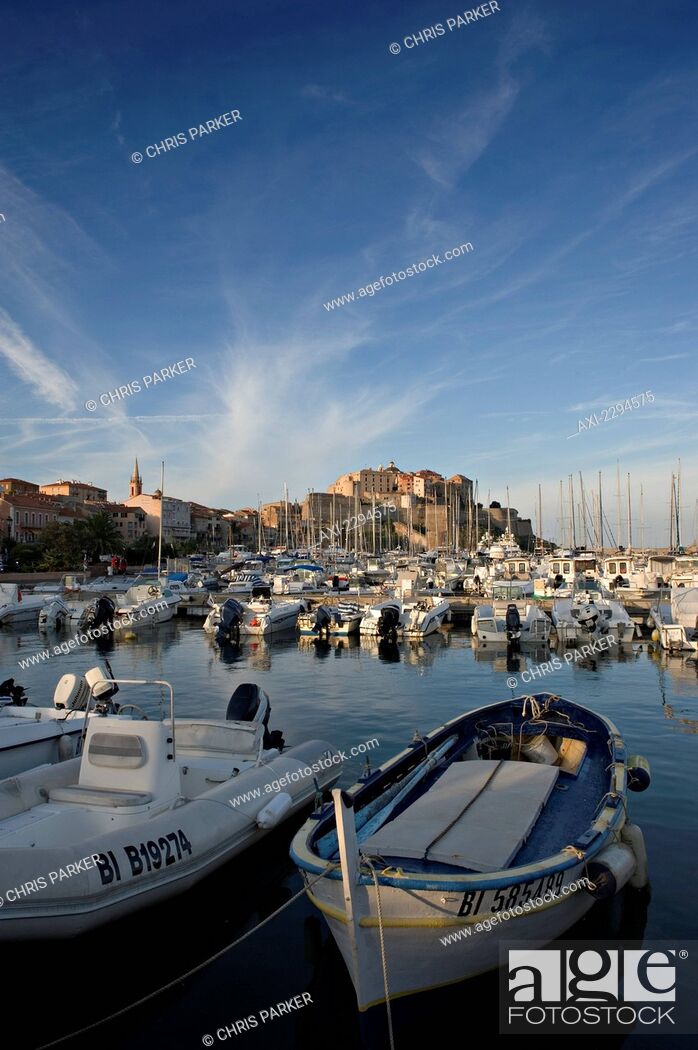 Stock Photo: View across the marina to Calvi. The Balagne district. Corsica. France.