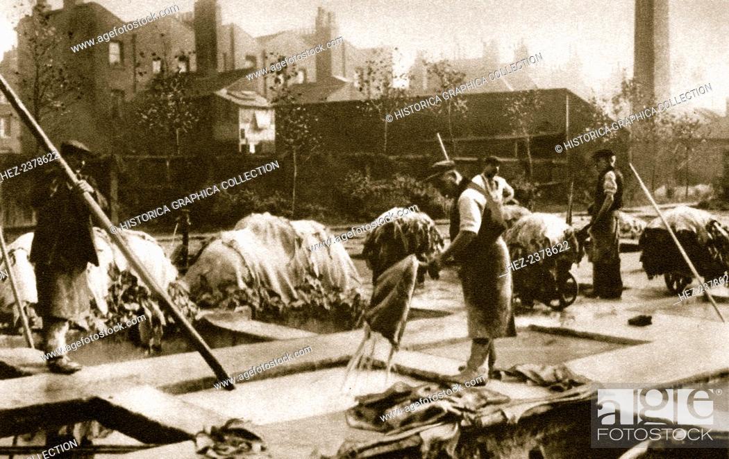 Stock Photo: Making leather in the lime yard at Neckinger Mills, London, 20th century. Goatskins being soaked in water in pits of about seven feet deep before being placed.