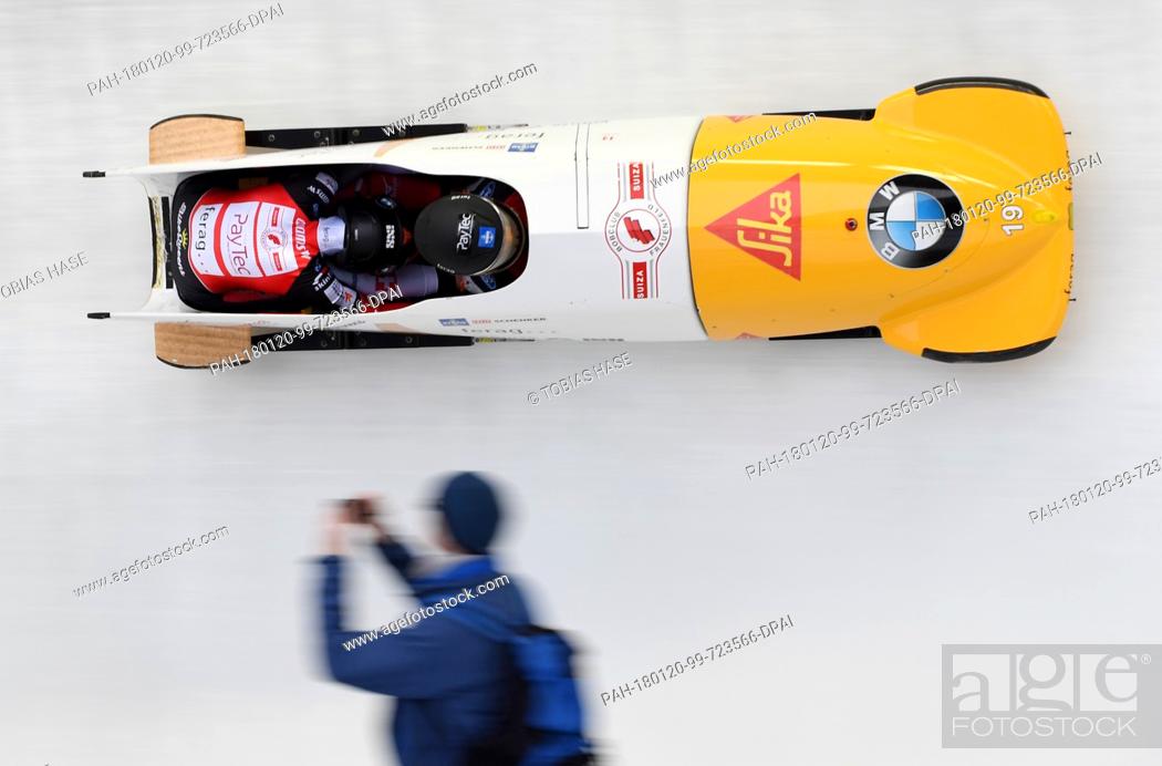 Stock Photo: Sabina Hafner and Eveline Rebsamen of Switzerland in action during the 2-woman event at the Bobsleigh World Cup in Schoenau am Koenigssee, Germany.