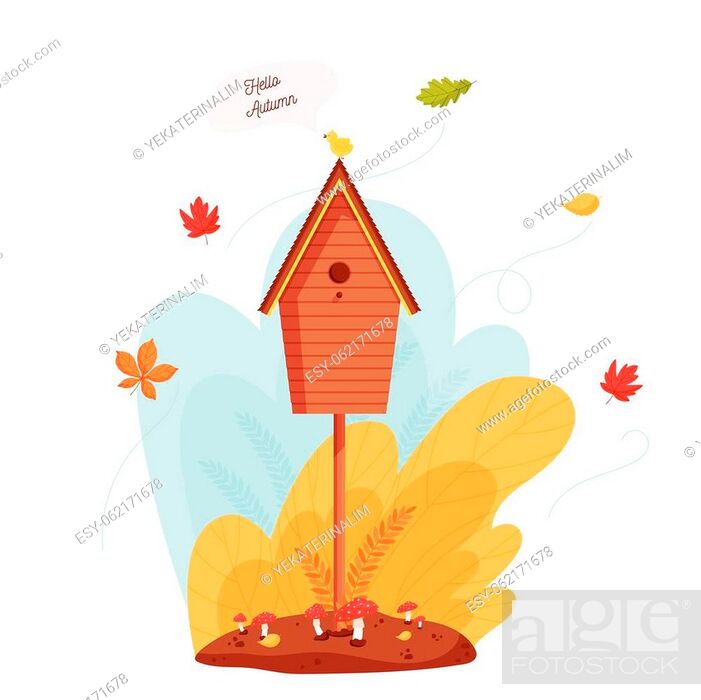 Cartoon wooden bird house in the forest. Tiny bird tweets Hello Autumn,  Stock Vector, Vector And Low Budget Royalty Free Image. Pic. ESY-062171678  | agefotostock