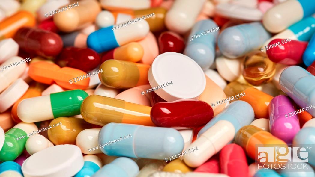 Stock Photo: Nahaufnahme von vielen bunten Medikamenten und Pillen und Tabletten.