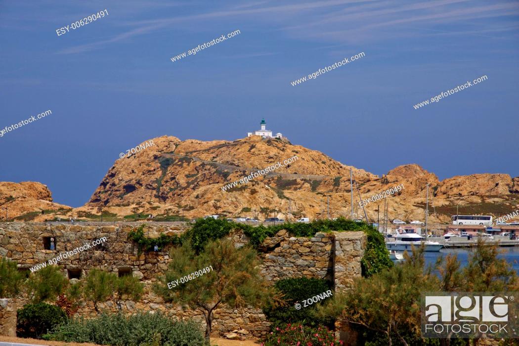 Stock Photo: Ile Rousse, rock with lighthouse, Balagne, Corsica.
