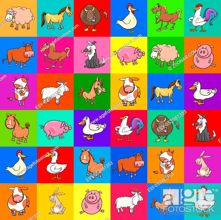 Stock Photo: Cartoon Illustration of Pattern or Decorative Paper Design with Farm Animals.
