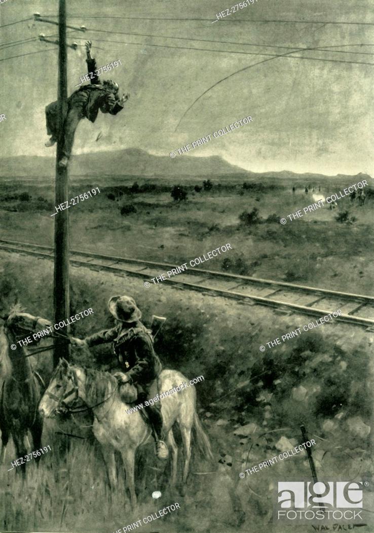 Stock Photo: 'Boers Caught in the Act of Cutting the Telegraph Wires', 1902. Creators: Walter Paget, Caxton Publishing Company.