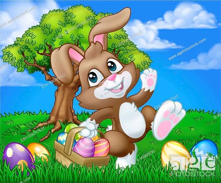 Easter bunny rabbit cartoon character holding a basket full of painted  Easter eggs in a field of..., Stock Vector, Vector And Low Budget Royalty  Free Image. Pic. ESY-056297622 | agefotostock