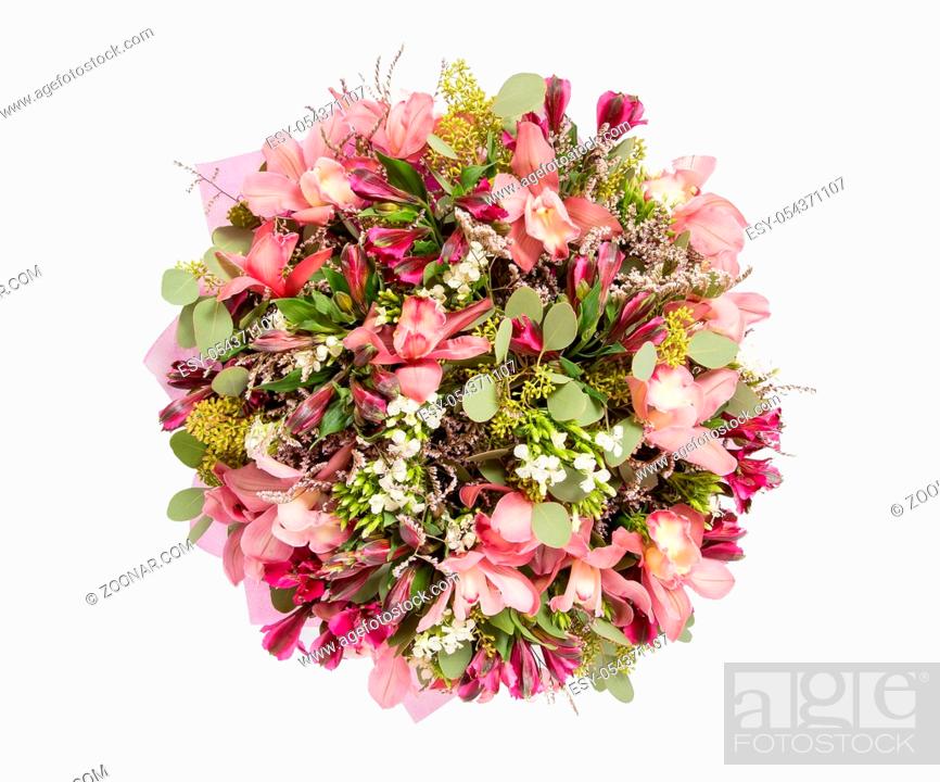 Imagen: Bouquet of flowers top view on white background.