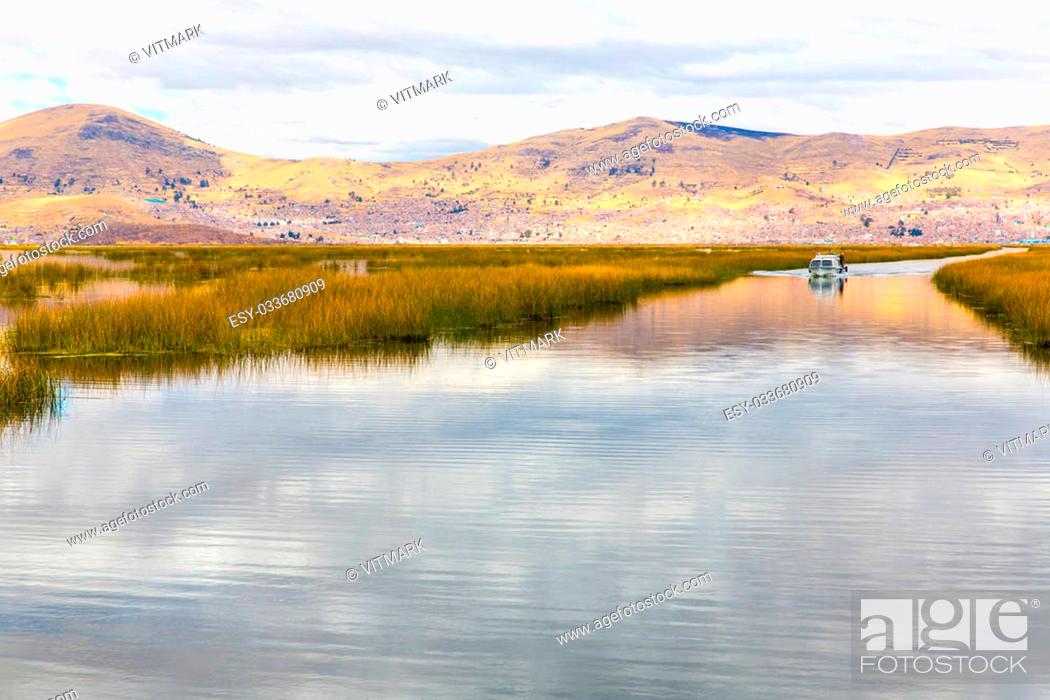 Stock Photo: Lake Titicaca, South America, located on border of Peru and Bolivia. It sits 3, 812 m above sea level, making it one of the highest commercially navigable lakes.