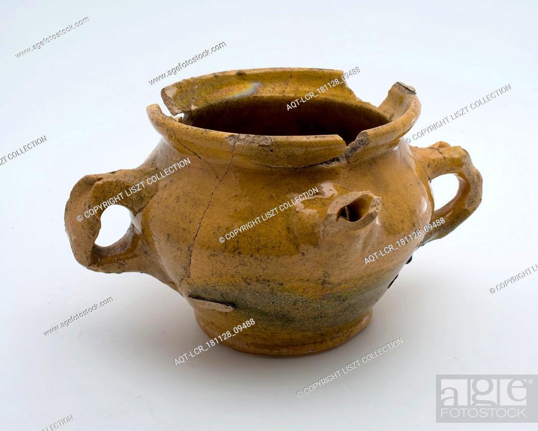 Stock Photo: Pottery room pot, spout pot, yellow glazed, on stand, cream pot spout pot crockery holder soil find ceramic earthenware glaze lead glaze.