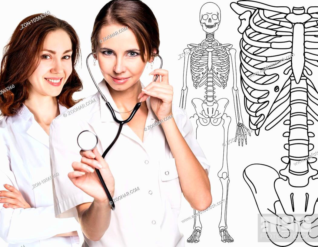 Stock Photo: Medical doctor woman pointing on drawing human skeleton, isolated on white.