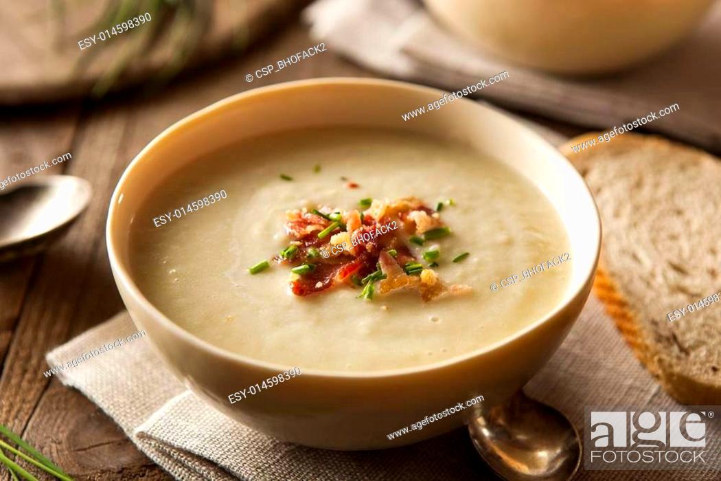 Stock Photo: Homemade Creamy Potato and Leek Soup.