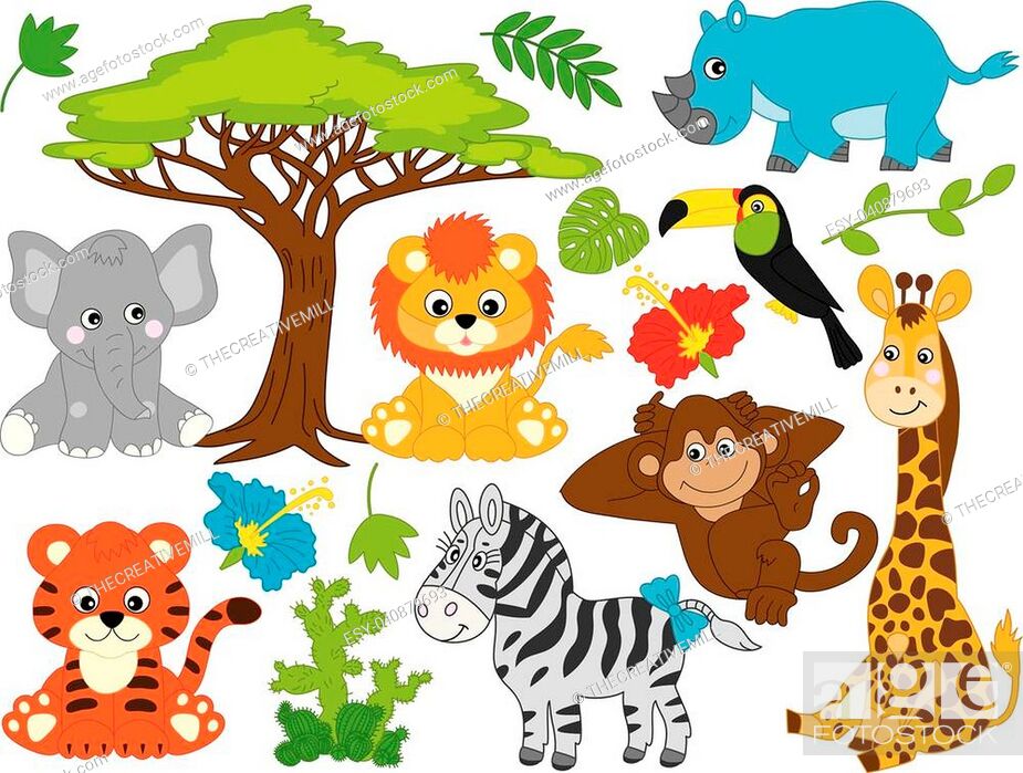 Vector set with cartoon safari animals. Set includes tiger, giraffe, lion,  rhino, monkey, elephant, Stock Vector, Vector And Low Budget Royalty Free  Image. Pic. ESY-040879693 | agefotostock