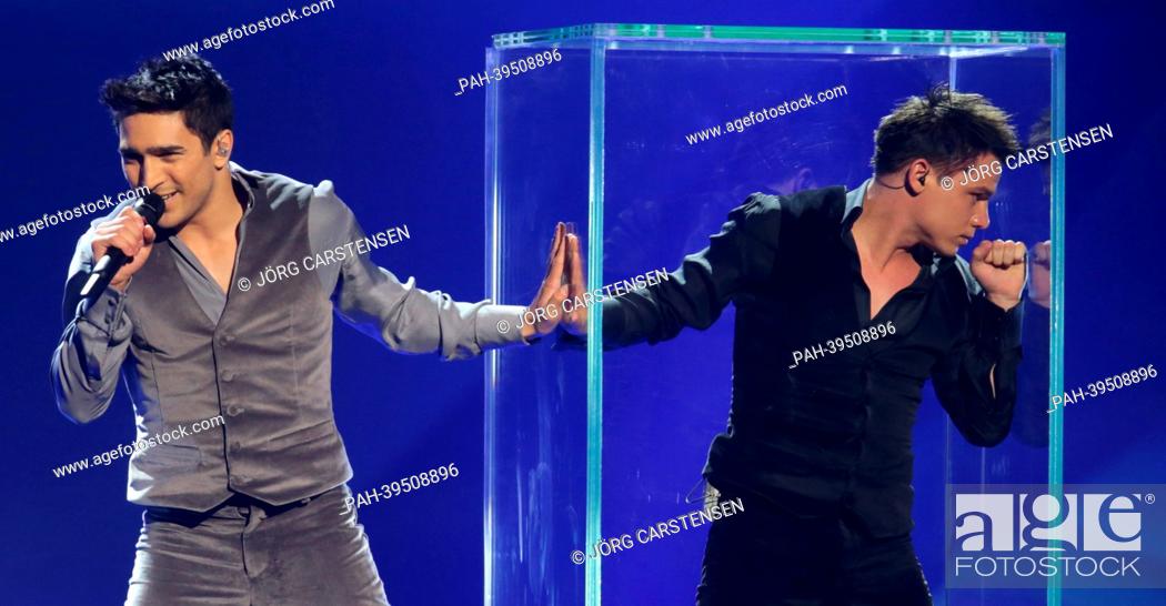Stock Photo: Singer Farid Mammadov (L) representing Azerbaijan performing during the dress rehearsal of the 2nd Semi Final for the Eurovision Song Contest 2013 in Malmo.