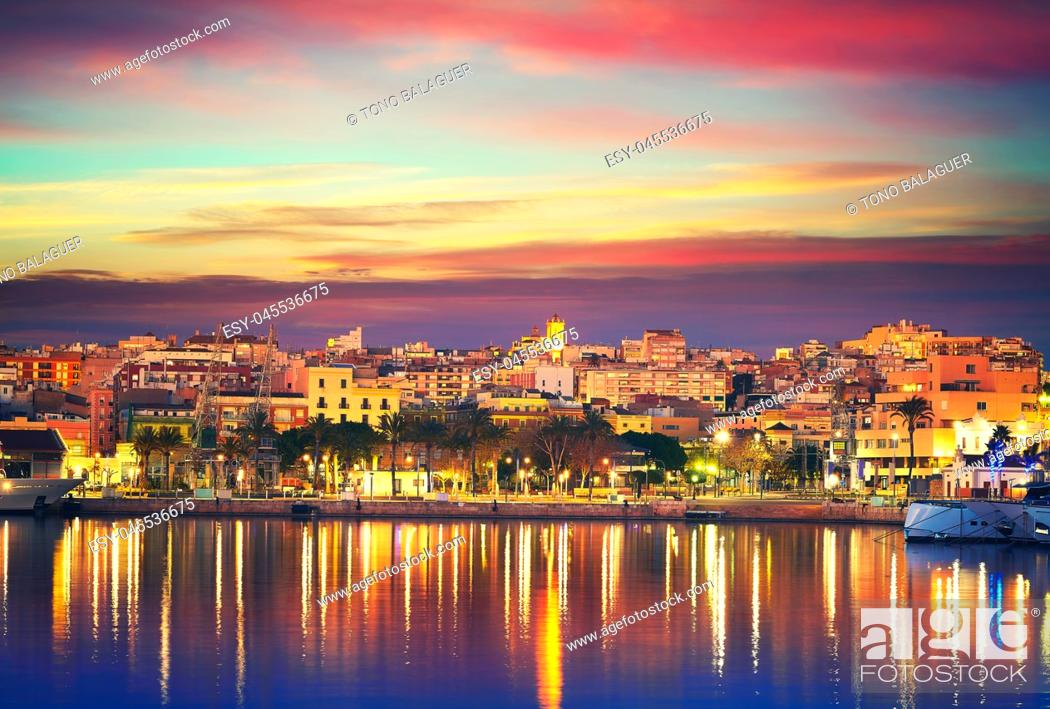 Stock Photo: Tarragona port sunset with sea reflection in Catalonia.