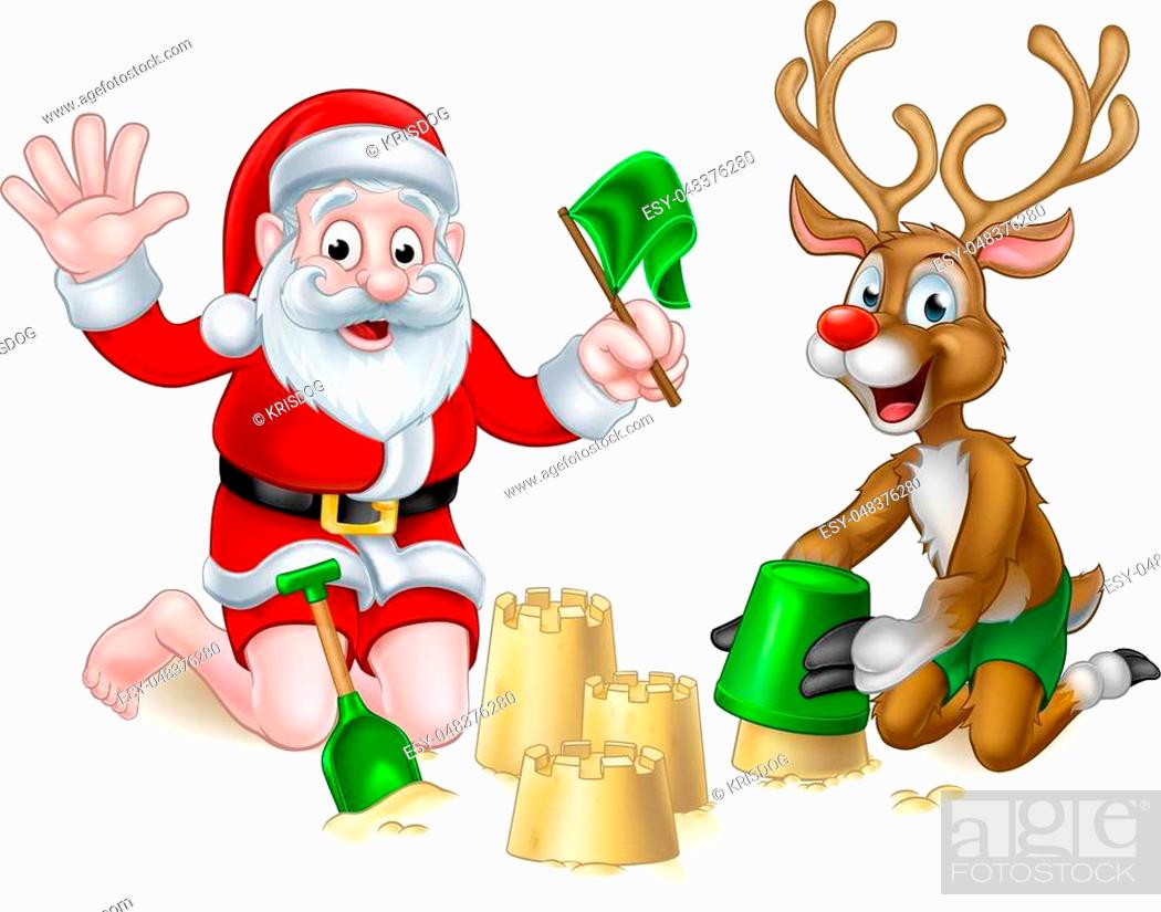 Christmas Santa Claus and red nosed reindeer cartoon characters playing on  a beach making..., Stock Vector, Vector And Low Budget Royalty Free Image.  Pic. ESY-048376280 | agefotostock