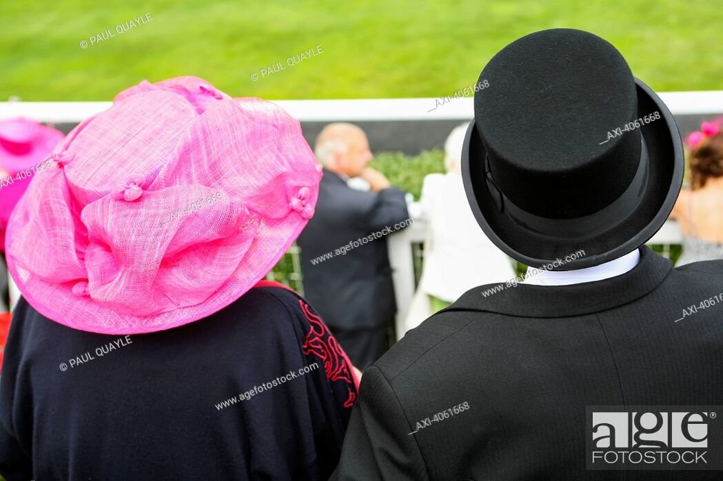 Stock Photo: Top hat and dressed up at parade ring during Royal Ascot horse racing meeting; Berkshire, England.