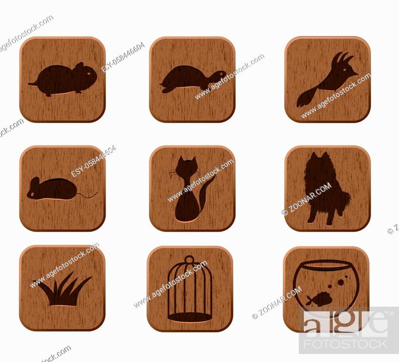 Stock Photo: wooden icons set with pets silhouettes. vector eps8.