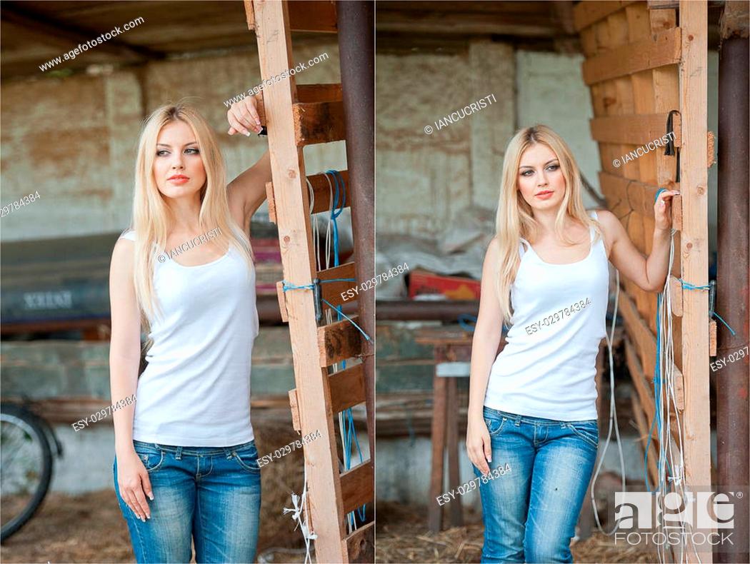 Shot of beautiful girl near an old wooden fence. Stylish look wear: white  basic top, denim jeans, Stock Photo, Picture And Low Budget Royalty Free  Image. Pic. ESY-029784384 | agefotostock