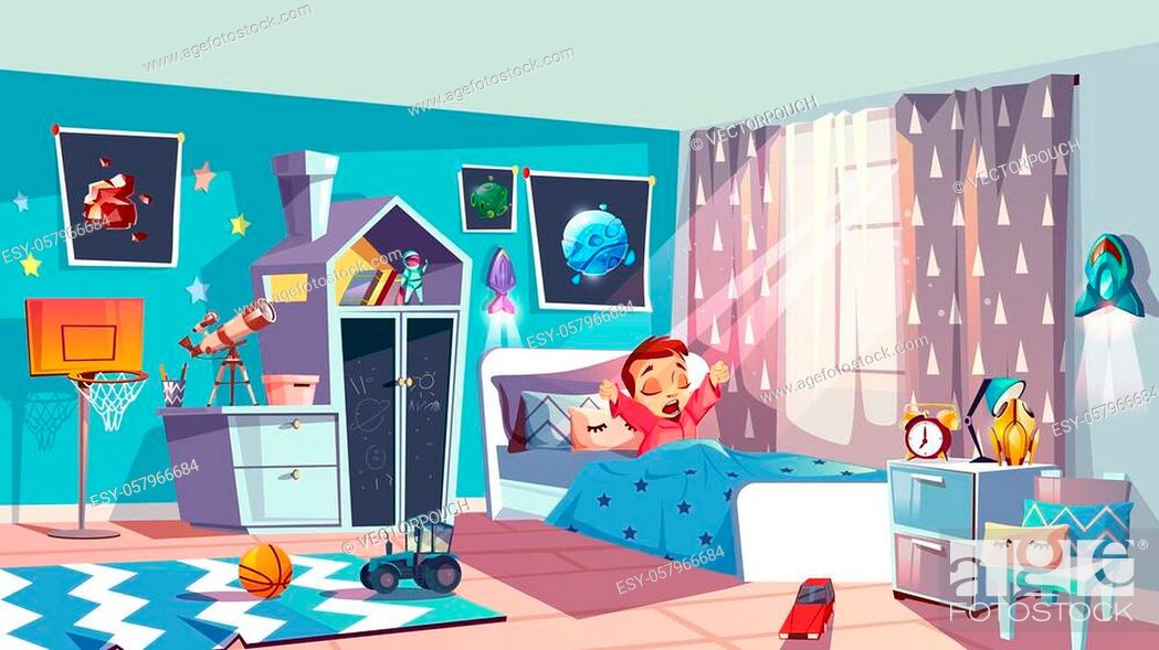 Child bedroom interior cartoon vector with furniture, telescope, toys on  floor, Stock Vector, Vector And Low Budget Royalty Free Image. Pic.  ESY-057966684 | agefotostock