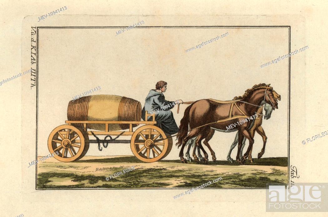Stock Photo: Sabine man in hooded cape, Cucullus or Bardocucullus, riding a three-horse, four-wheeled wagon. . Handcolored copperplate engraving from Robert von Spalart's.