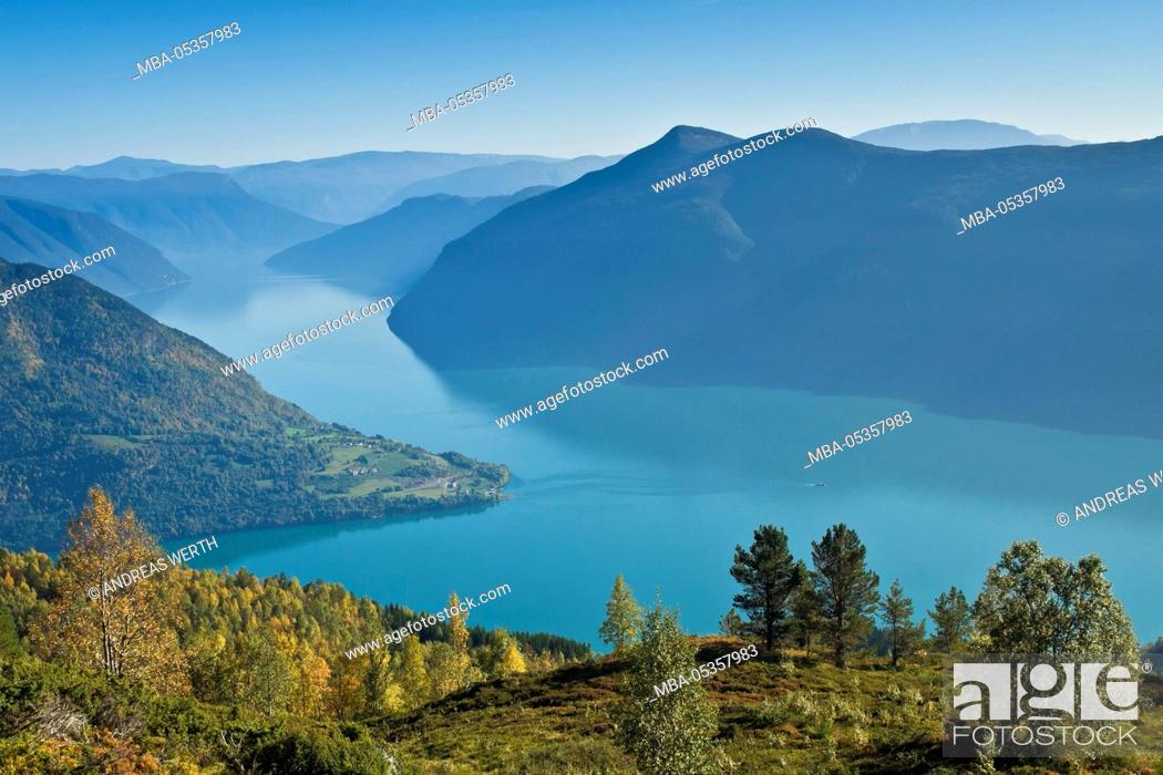 Photo de stock: View from mount Molden, over the Lustrafjord, inner branch of Sognefjord, tongue of land of Urnes, Norways oldest stave church, Sognefjord, Norway.