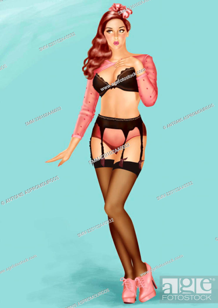 Saca la aseguranza Faceta Guante Pinup girl in sexy black and pink lingerie, Foto de Stock, Imagen Royalty  Free Pic. SMM-220102AA0032 | agefotostock