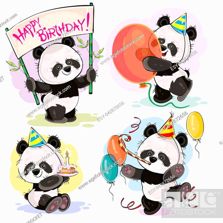 Set vector cute baby panda bears in cardboard hats, with cake and candle,  with happy birthday banner, Foto de Stock, Vector Low Budget Royalty Free.  Pic. ESY-042872656 | agefotostock