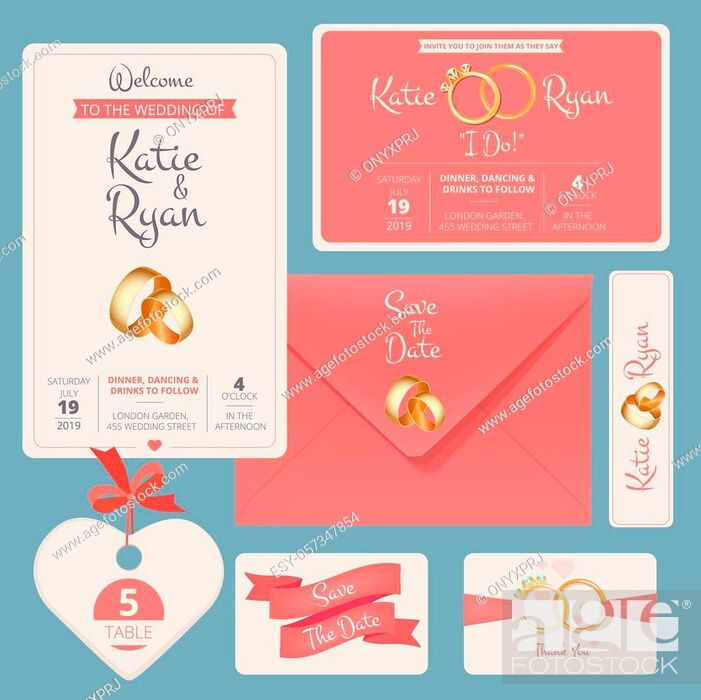 Wedding invitation. Save date anniversary couple cards with marriage cartoon  symbols vector wedding..., Stock Vector, Vector And Low Budget Royalty Free  Image. Pic. ESY-057347854 | agefotostock