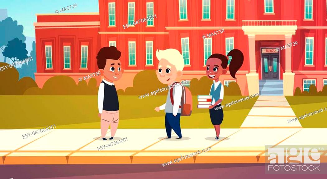 Stock Vector: Group Of Pupils Mix Race Stand In Front Of School Building Primary Schoolchildren Talking Students Flat Vector Illustration.