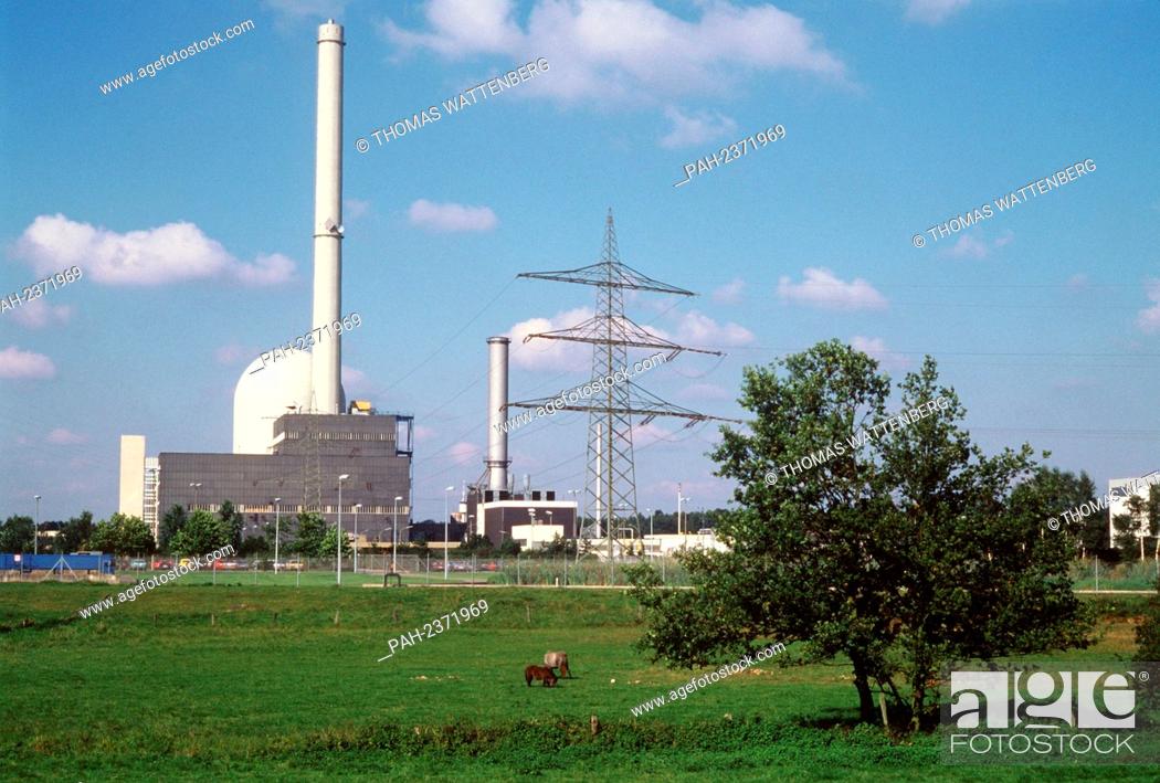Stock Photo: The old nuclear power plant in Lingen in Emsland (Lower Saxony), taken on 30.9.1987. It went into full operation in November 1968 and has been shut down since.