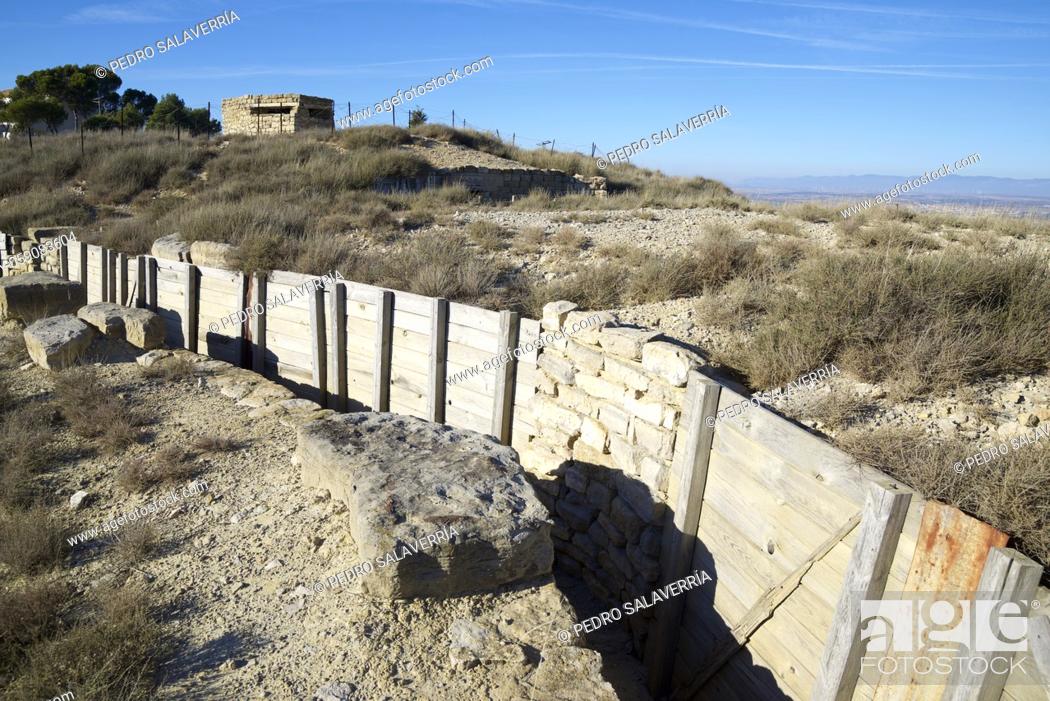 Stock Photo: Reconstruction of a defensive position used during the Spanish civil war in Tardienta, Huesca province, Aragon in Spain.