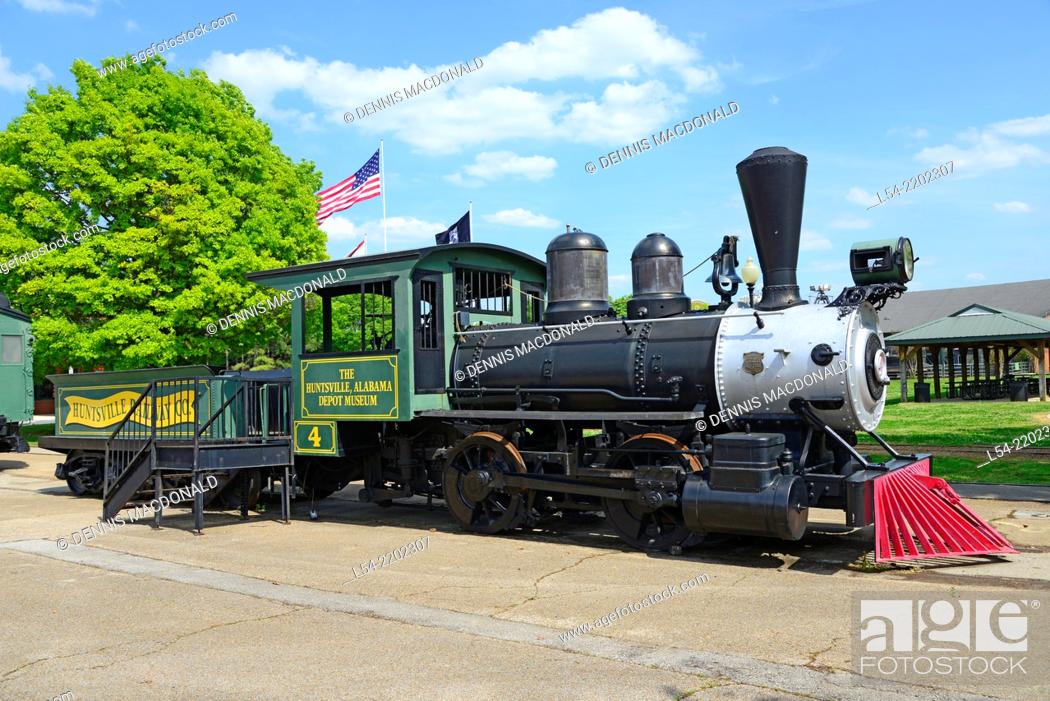 Stock Photo: Engine Historic Passenger Train Depot Huntsville Alabama AL US USA.