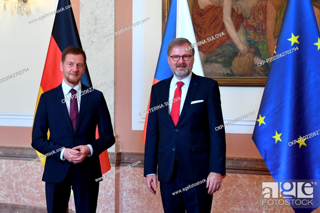 Stock Photo: Czech PM Petr Fiala, right, meets Saxony Minister-President Michael Kretschmer in Government Office, Prague, Czech Republic, on Monday, June 27, 2022.