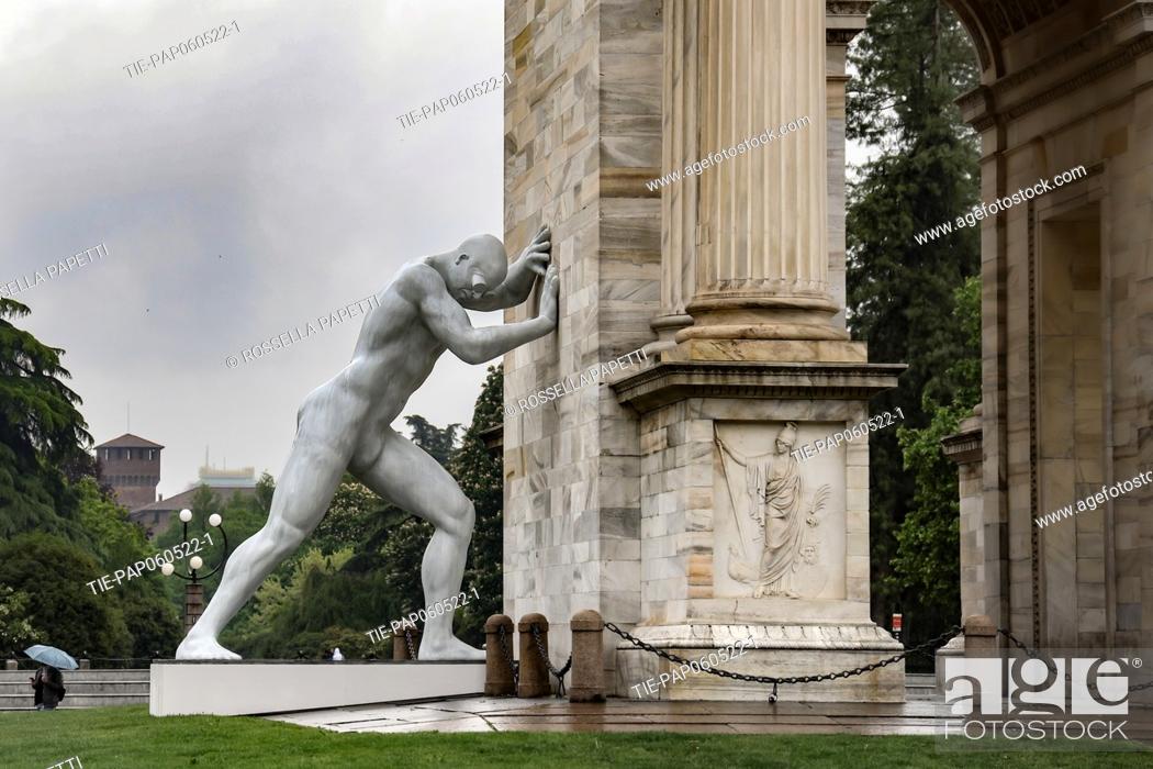 Stock Photo: Mr. Arbitrium, a sculpture created by the artist Emanuele Giannelli placed at the Arco della Pace in Milan. Mr Arbitrium is a 5.