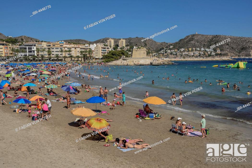 Stock Photo: Platja de L'Ampolla Beach with fortress, Moraira, Alicante, Costa Blanca, Spain.