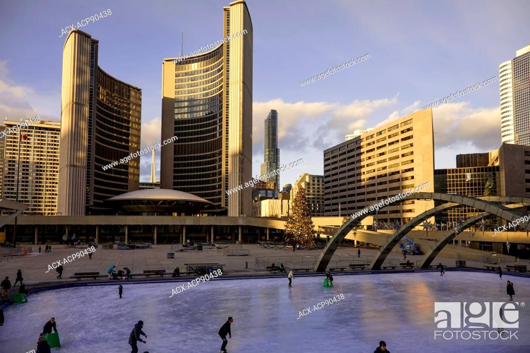 Stock Photo: Christmas Lights and Christmas tree at Nathan Phillips square, Toronto City Hall, Toronto, Ontario, Canada.
