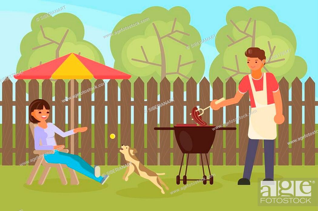 Stock Vector: Family couple having backyard bbq. Woman playing with pet dog while sitting on chair and man cooking meat on barbeque grill.