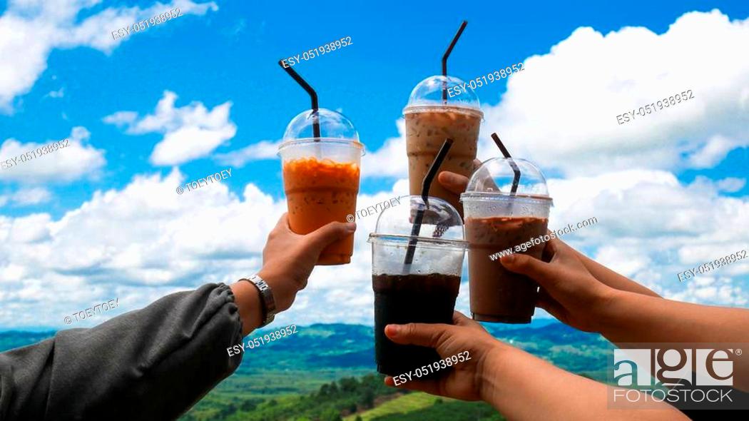 Stock Photo: Summer drink on blue sky background friendship concept.