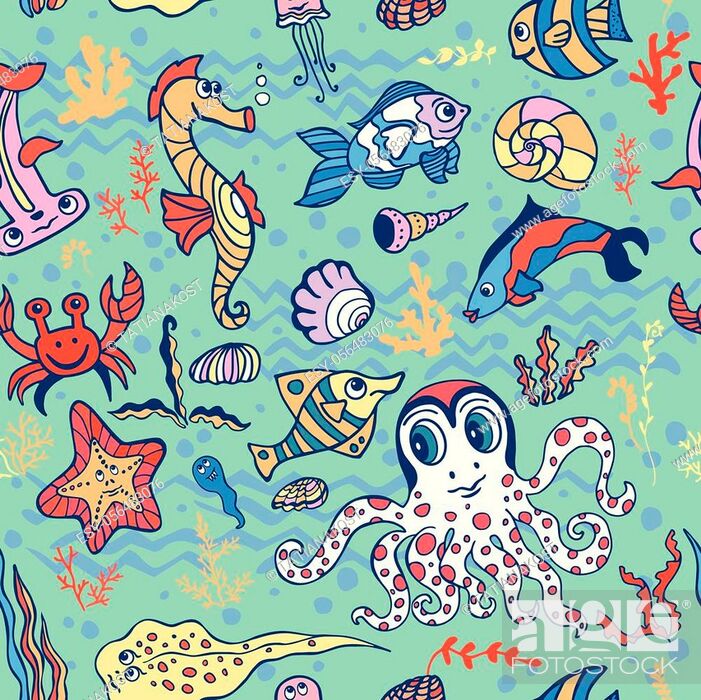 Sea life fish, animals seamless pattern, background. Funny cartoon doodle  underwater world, Stock Vector, Vector And Low Budget Royalty Free Image.  Pic. ESY-056483076 | agefotostock