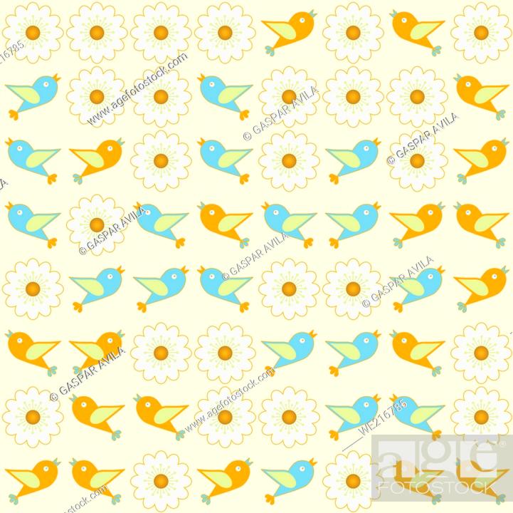 Vecteur de stock: Pattern of birds and daisies on a light pink background.