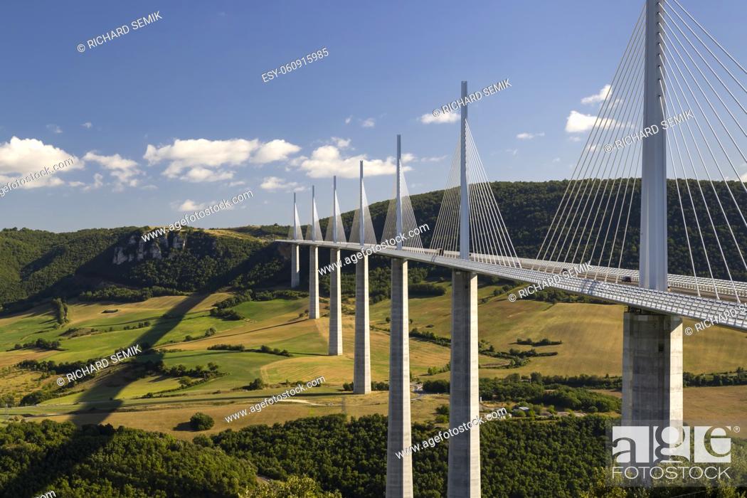 Stock Photo: Multi-span cable stayed Millau Viaduct across gorge valley of Tarn River, Aveyron Departement, France.