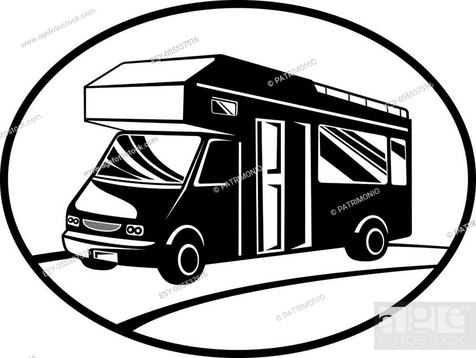 Stock Vector: Retro woodcut black and white style illustration of a campervan or motorhome viewed from side on a low angle set inside oval shape done in retro style.