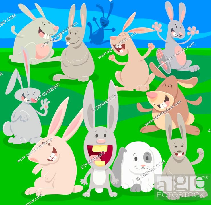 Stock Photo: Cartoon Illustration of Happy Rabbits Farm Animal Characters Group on the Meadow.
