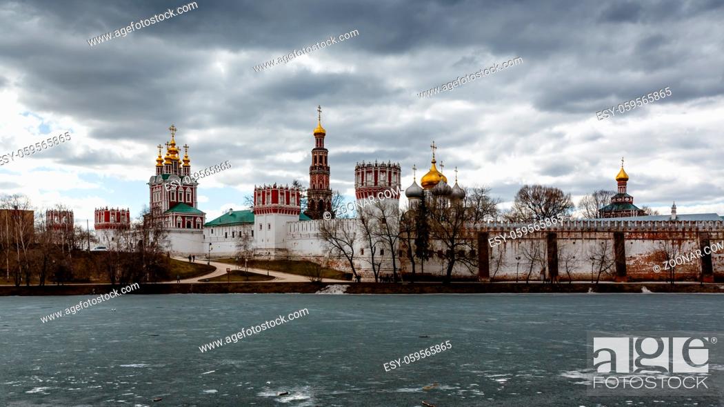 Stock Photo: Dramatic Clouds above Novodevichy Convent, Moscow, Russia.