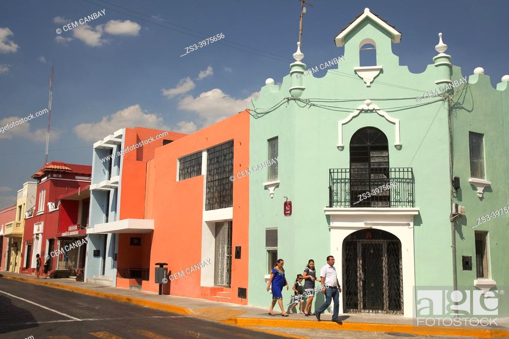Stock Photo: People in front of the colonial buildings at the historic center, Merida, Riviera Maya, Yucatan State, Mexico, Central America.