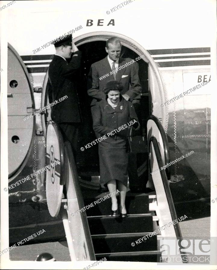 Stock Photo: Feb. 18, 1957 - Queen and Duke Reunited: H.M. The Queen and The Duke of Edinburgh who have been parted for four months while the Duke has been on his.