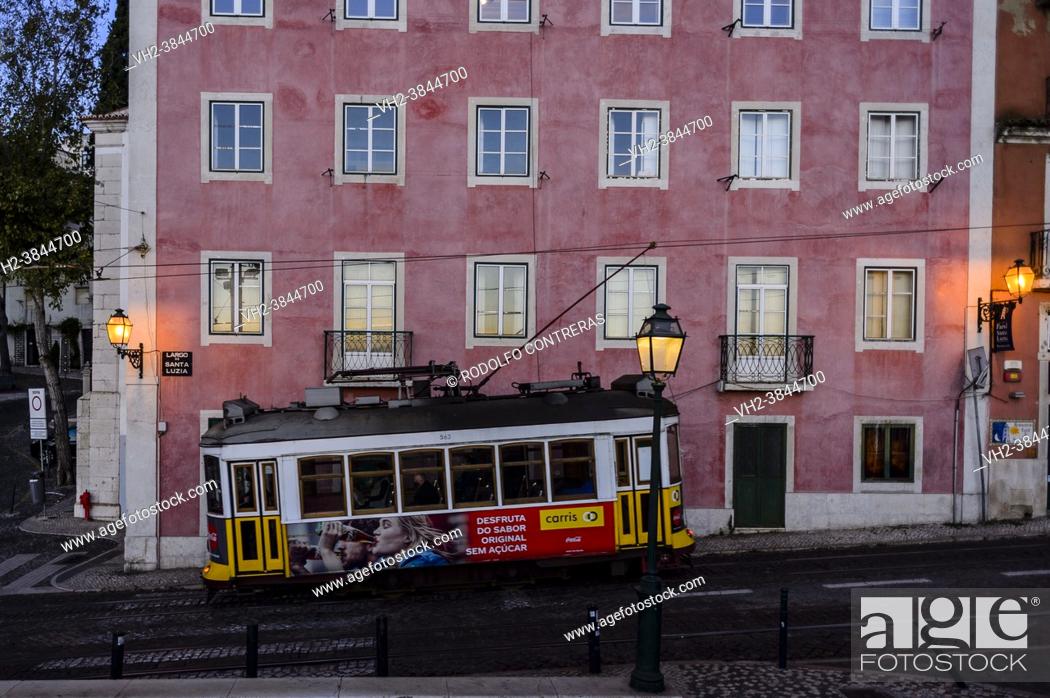Stock Photo: Tram in Alfama streets, Lisbon (Portugal).