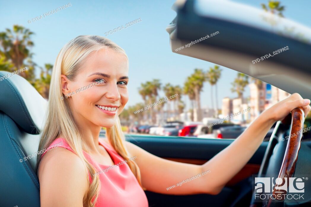 Stock Photo: Young Adult, Convertible, Cheerful, Female, Motor-Car, Outdoors, Cabriolet, Vacation, United States, Venice, Los Angeles, People, Summer, Adult, Beach, Holiday, Leisure, Woman, Happy, Smile, America, Transport, Concept, American, Car, Road, Travel, Travelling, Trip, Wheel