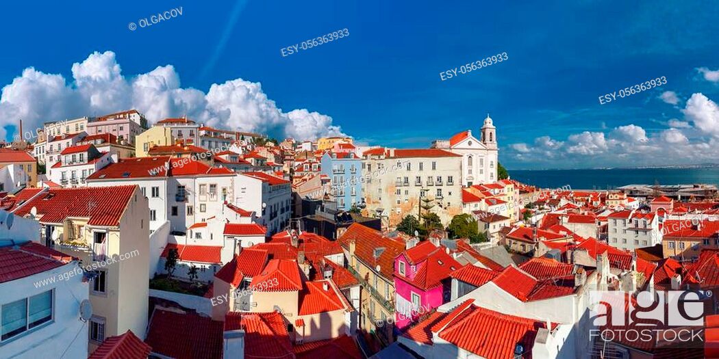 Stock Photo: Panormic view of Alfama, the oldest district of the Old Town, with Igreja de Santo Estevao on the sunny afternoon, Lisbon, Portugal.